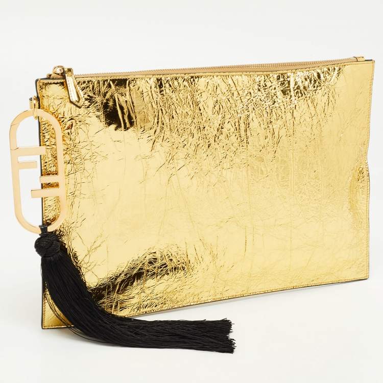 Pre Owned Fendi Gold Laminated Leather FF Tassel Clutch