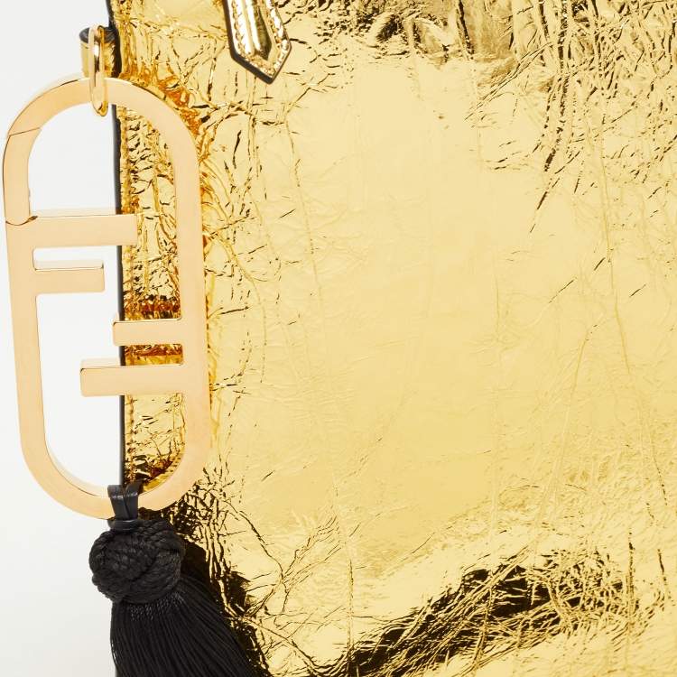 Pre Owned Fendi Gold Laminated Leather FF Tassel Clutch
