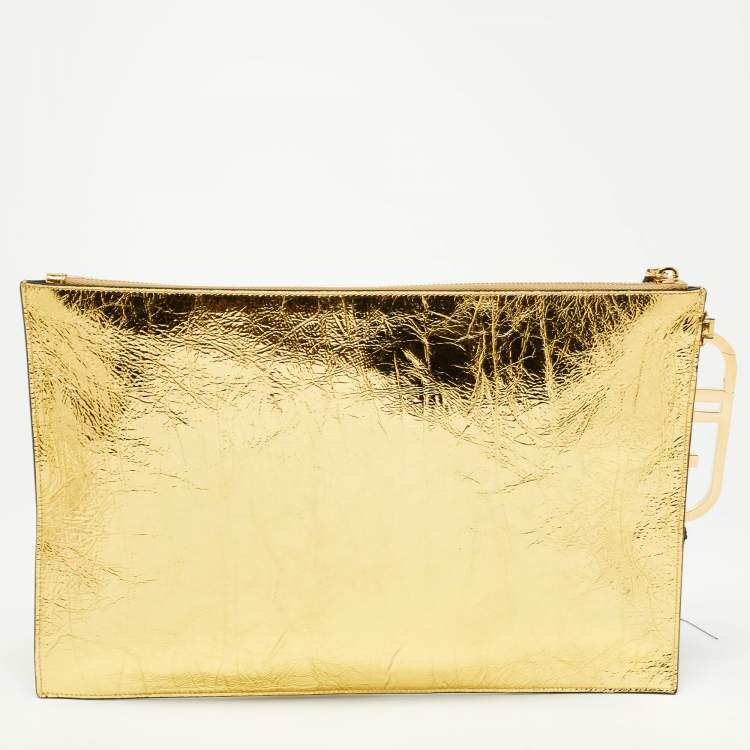 Pre Owned Fendi Gold Laminated Leather FF Tassel Clutch