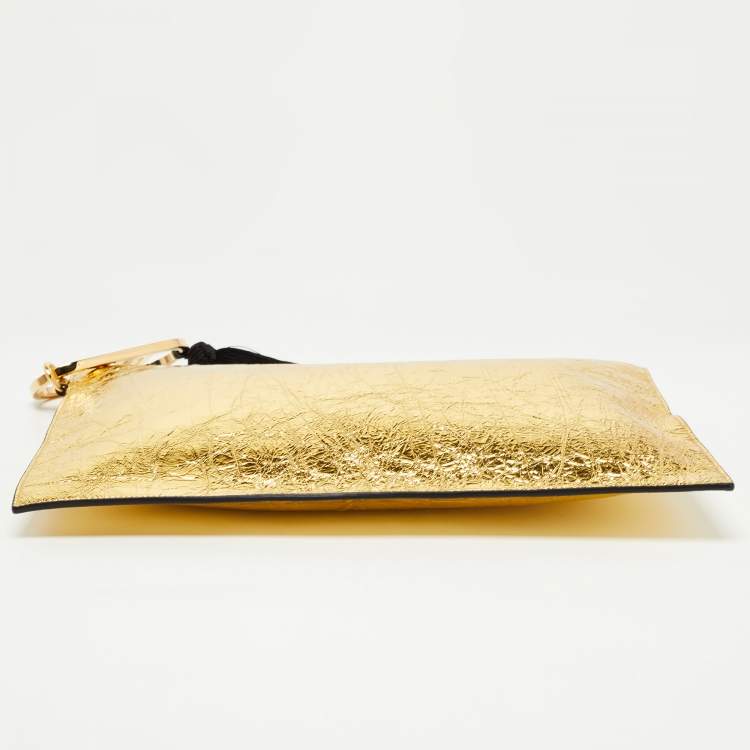 Pre Owned Fendi Gold Laminated Leather FF Tassel Clutch