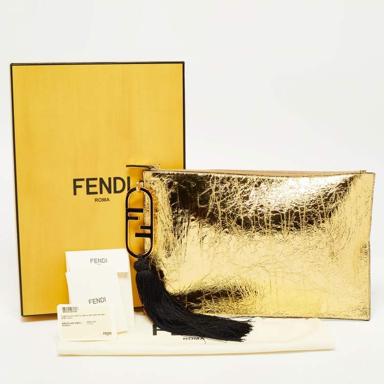 Pre Owned Fendi Gold Laminated Leather FF Tassel Clutch
