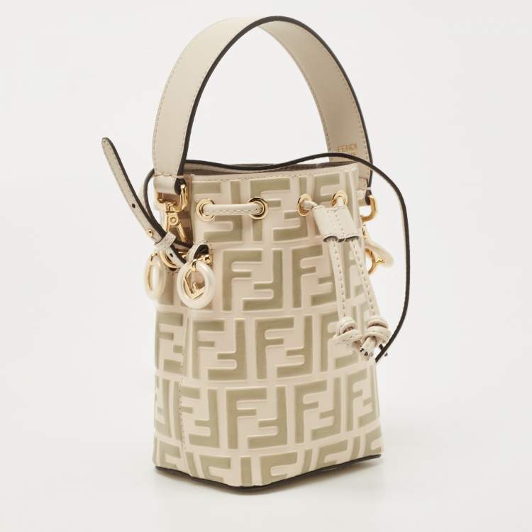 Pre Owned Fendi Cream/Khaki Zucca Leather Mini Mon Tresor Bucket Bag