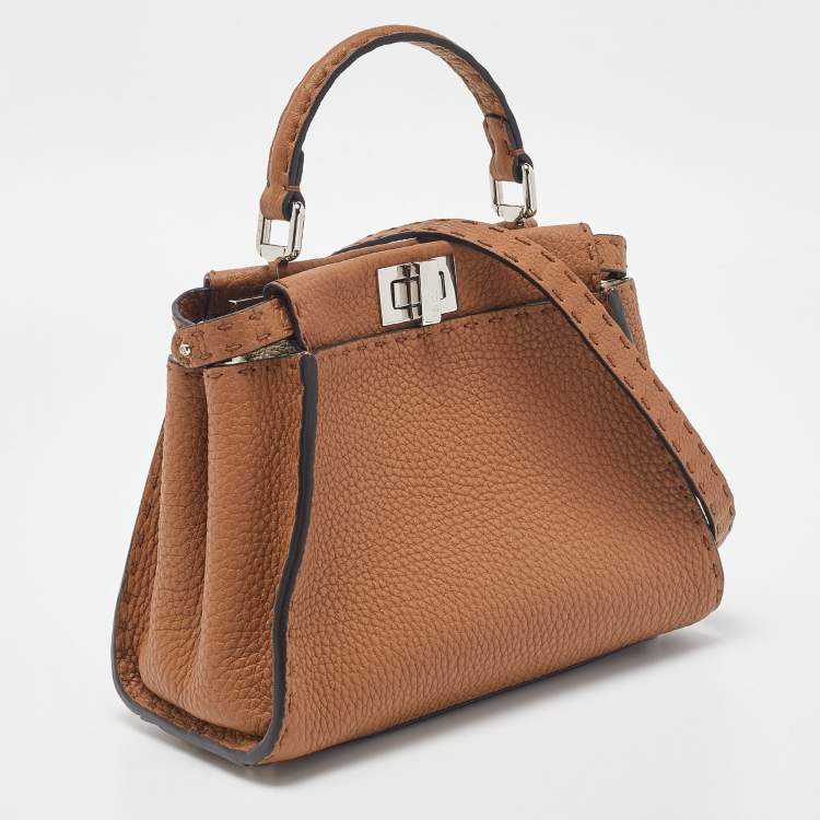 Pre Owned Fendi Brown Selleria Leather Mini Peekaboo Top Handle Bag