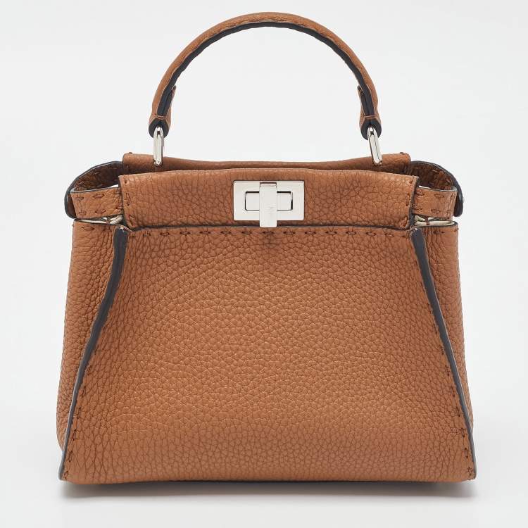 Pre Owned Fendi Brown Selleria Leather Mini Peekaboo Top Handle Bag