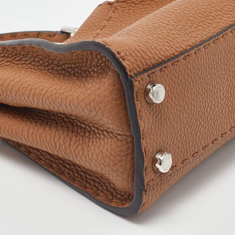 Pre Owned Fendi Brown Selleria Leather Mini Peekaboo Top Handle Bag