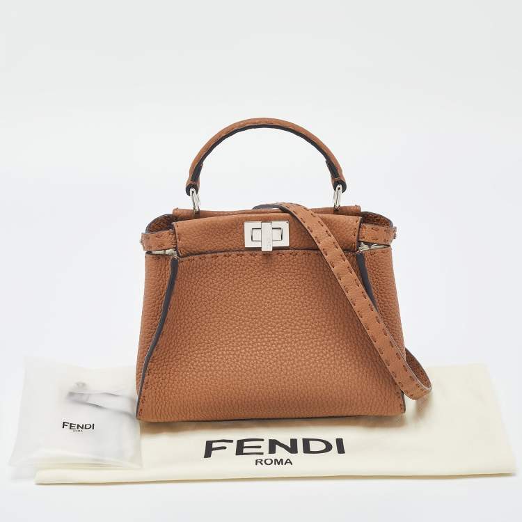 Pre Owned Fendi Brown Selleria Leather Mini Peekaboo Top Handle Bag