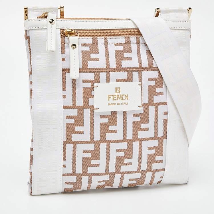 Pre Owned Fendi White/Beige Zucca Nylon and Leather Crossbody Bag