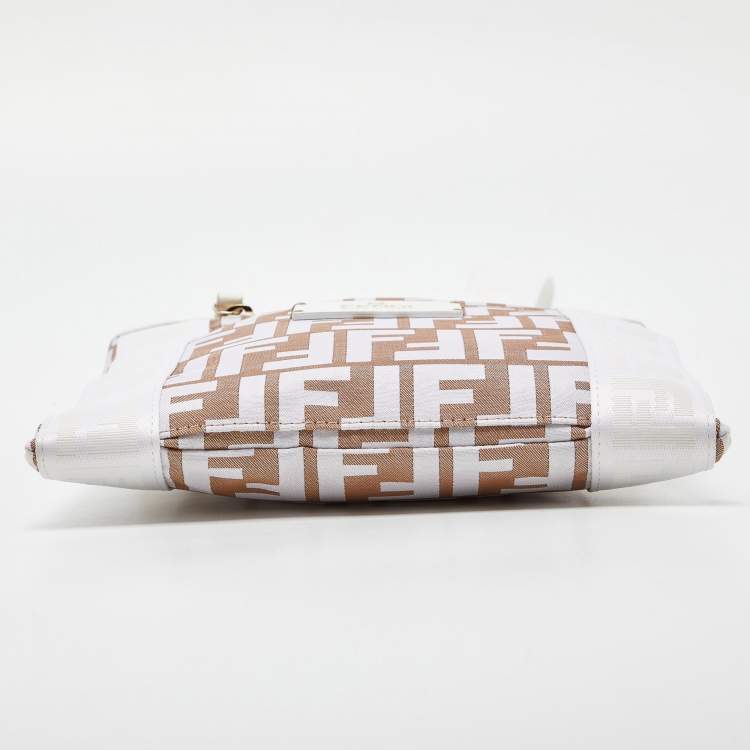 Pre Owned Fendi White/Beige Zucca Nylon and Leather Crossbody Bag
