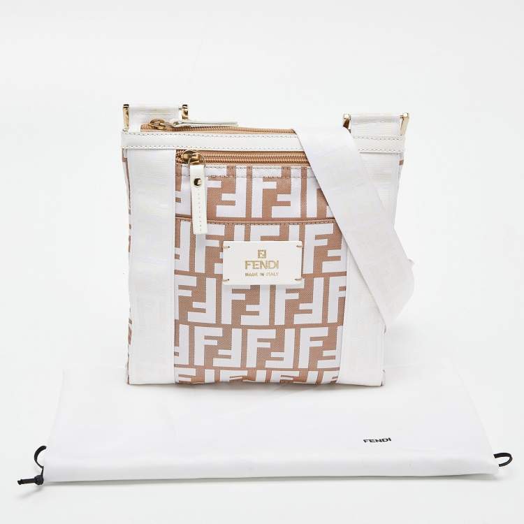 Pre Owned Fendi White/Beige Zucca Nylon and Leather Crossbody Bag