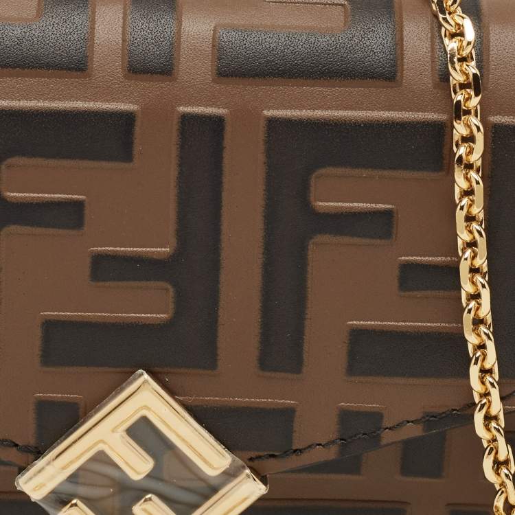 Pre Owned Fendi Tobacco Zucca Embossed Leather FF Flap Wallet on Chain