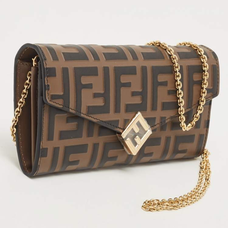 Pre Owned Fendi Tobacco Zucca Embossed Leather FF Flap Wallet on Chain