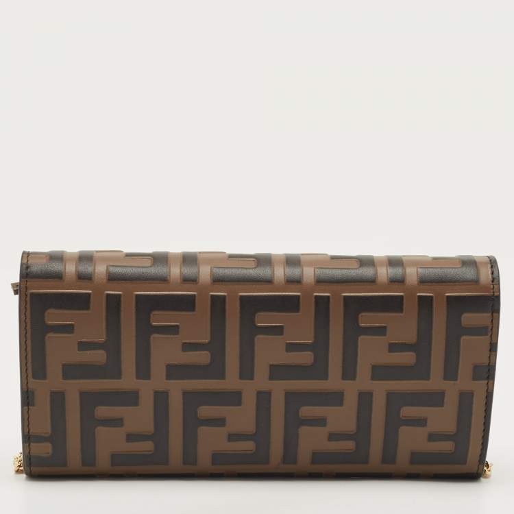 Pre Owned Fendi Tobacco Zucca Embossed Leather FF Flap Wallet on Chain