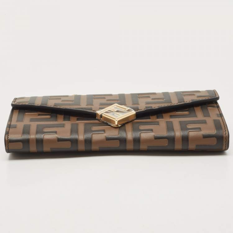 Pre Owned Fendi Tobacco Zucca Embossed Leather FF Flap Wallet on Chain