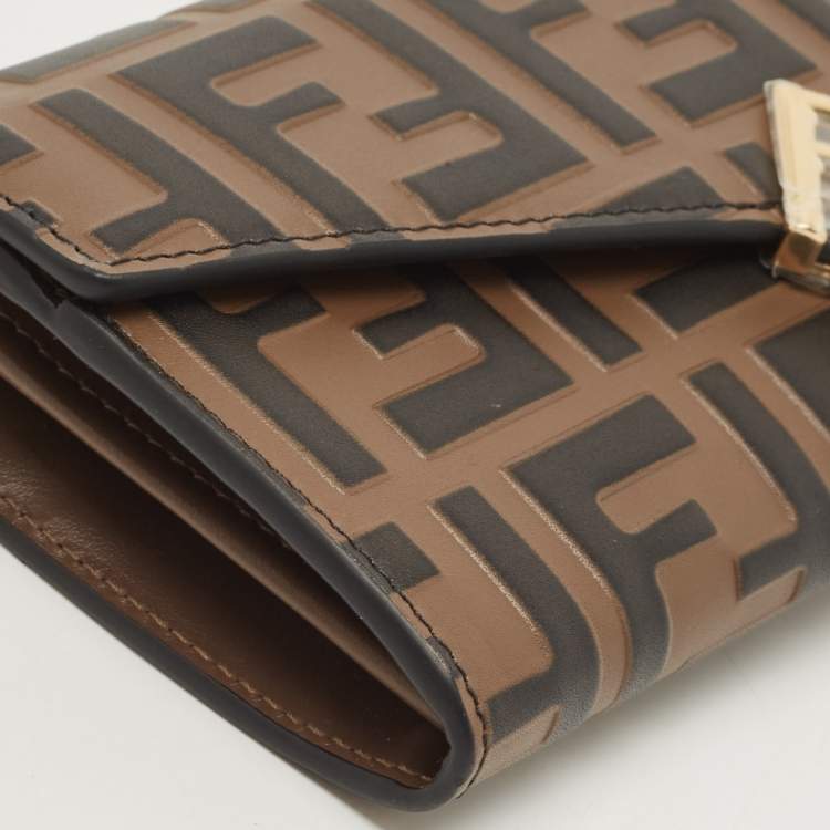 Pre Owned Fendi Tobacco Zucca Embossed Leather FF Flap Wallet on Chain