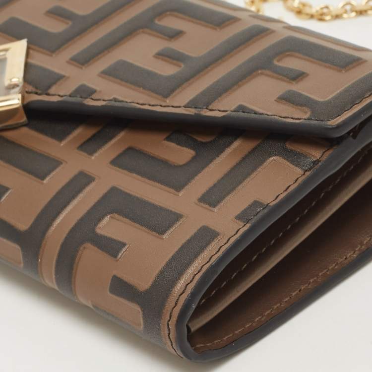 Pre Owned Fendi Tobacco Zucca Embossed Leather FF Flap Wallet on Chain