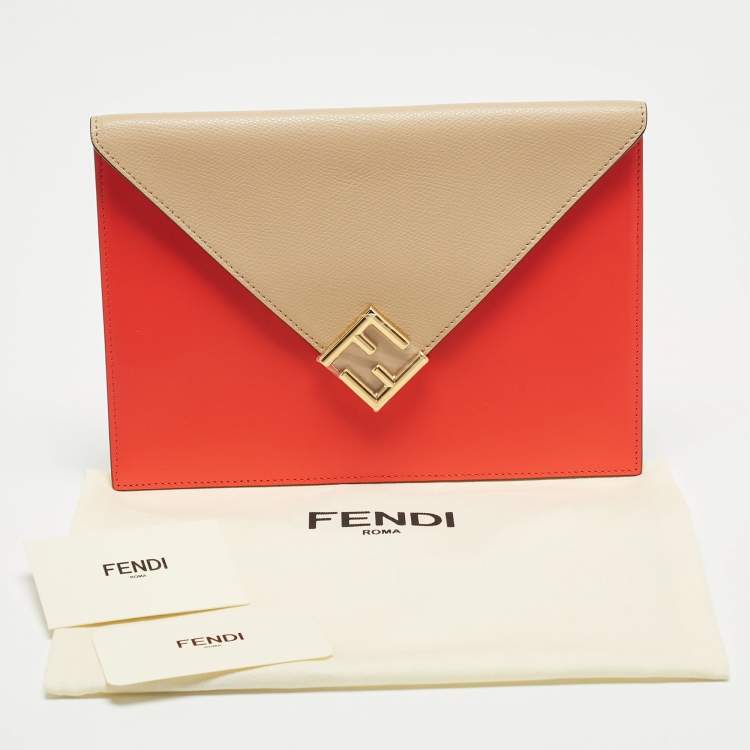 Pre Owned Fendi Beige/Red Leather  FF Diamond Flat Pouch 