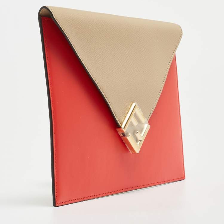 Pre Owned Fendi Beige/Red Leather  FF Diamond Flat Pouch 