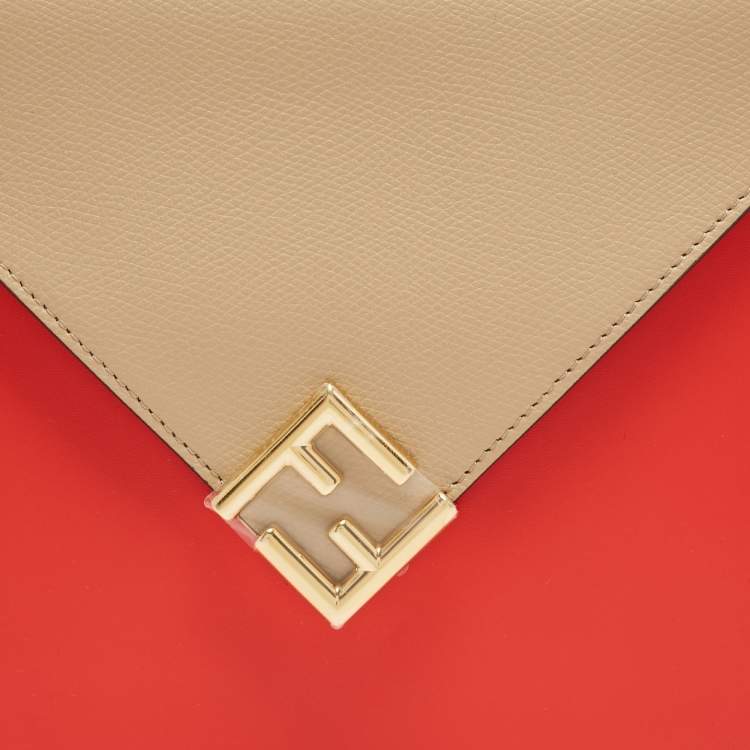 Pre Owned Fendi Beige/Red Leather  FF Diamond Flat Pouch 