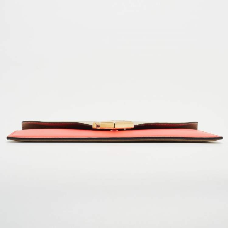 Pre Owned Fendi Beige/Red Leather  FF Diamond Flat Pouch 