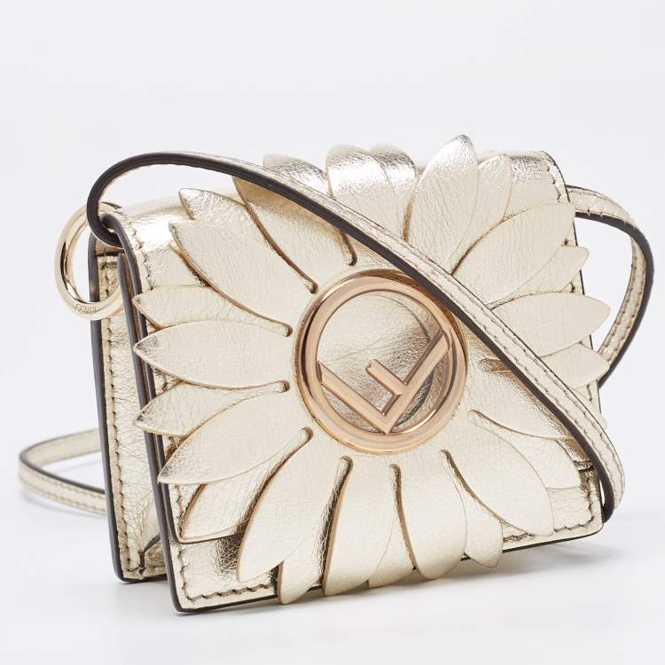 Pre Owned Fendi Gold Leather Micro Flower Kan I Crossbody Bag