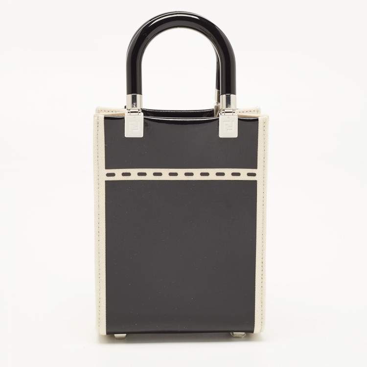 Pre Owned Fendi Black/Cream Patent Leather and Canvas Mini Sunshine Tote
