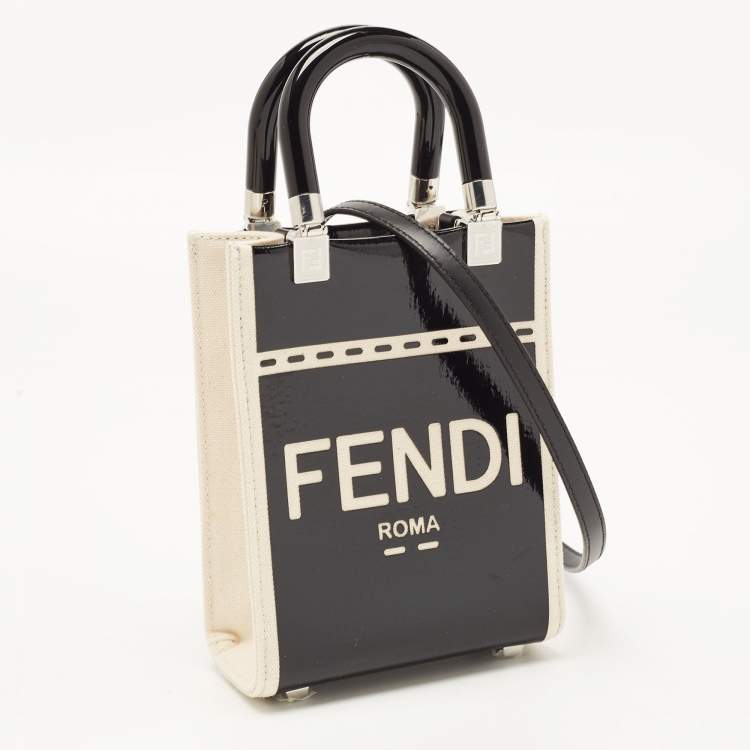 Pre Owned Fendi Black/Cream Patent Leather and Canvas Mini Sunshine Tote