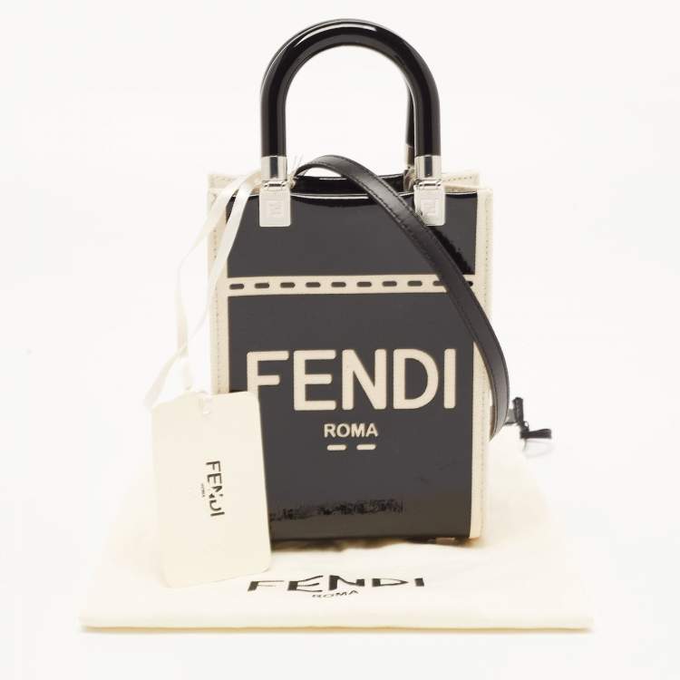 Pre Owned Fendi Black/Cream Patent Leather and Canvas Mini Sunshine Tote