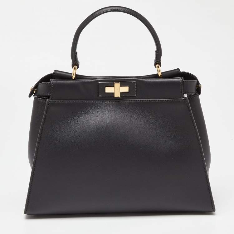 Pre Owned Fendi Black Leather Medium Peekaboo Iconic Top Handle Bag