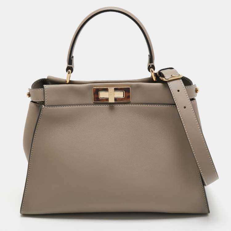 Pre Owned Fendi Grey Leather Medium Peekaboo Top Handle Bag