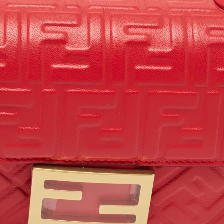 Pre Owned Fendi Red FF Embossed Leather Midi Chain Baguette Bag