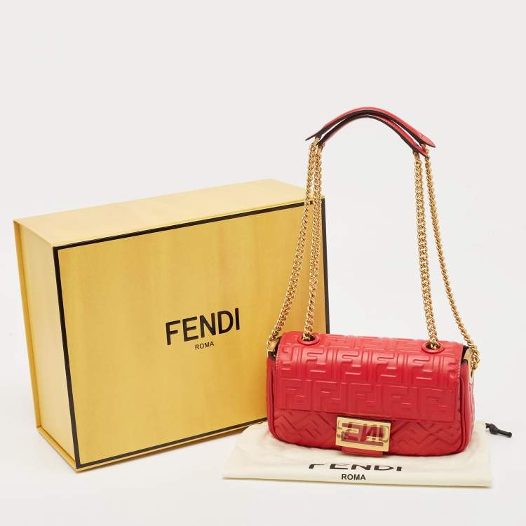 Pre Owned Fendi Red FF Embossed Leather Midi Chain Baguette Bag