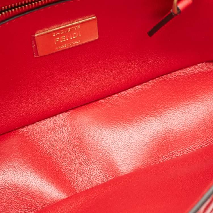Pre Owned Fendi Red FF Embossed Leather Midi Chain Baguette Bag