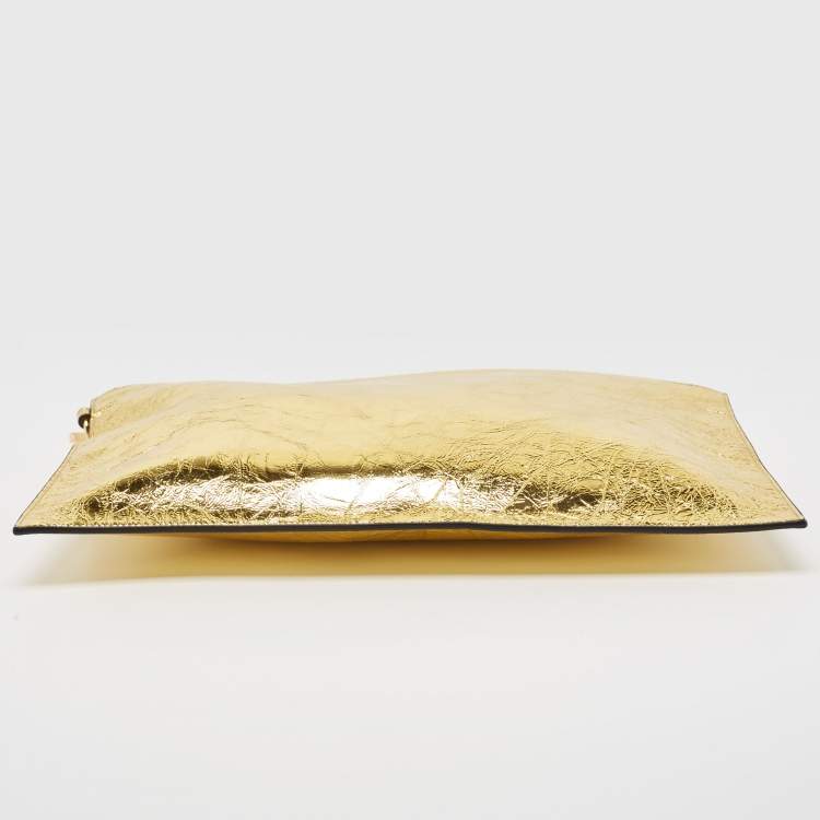 Pre Owned Fendi Gold Laminated Leather Large Flat Pouch