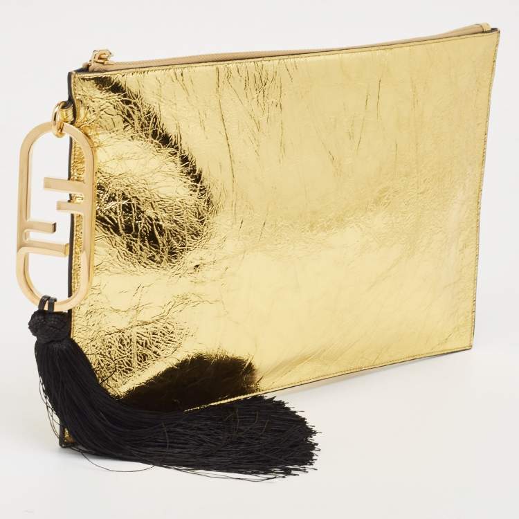 Pre Owned Fendi Gold Laminated Leather Large Flat Pouch