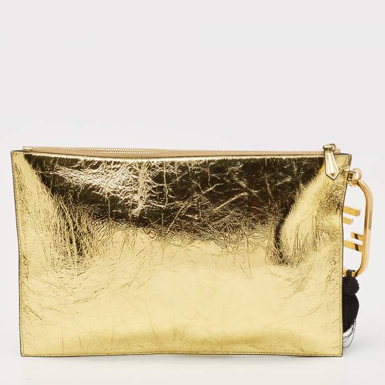 Pre Owned Fendi Gold Laminated Leather Large Flat Pouch