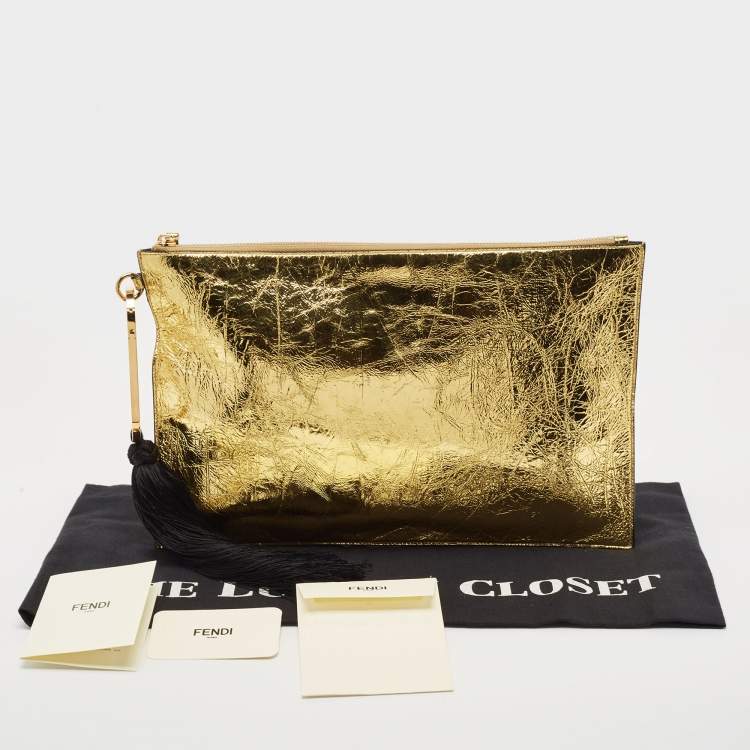 Pre Owned Fendi Gold Laminated Leather Large Flat Pouch