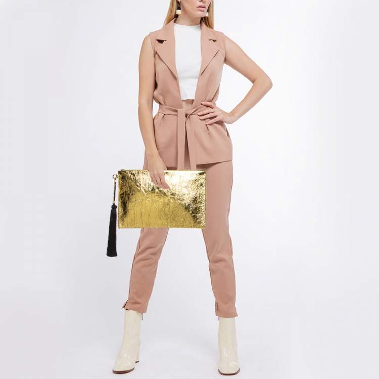 Pre Owned Fendi Gold Laminated Leather Large Flat Pouch