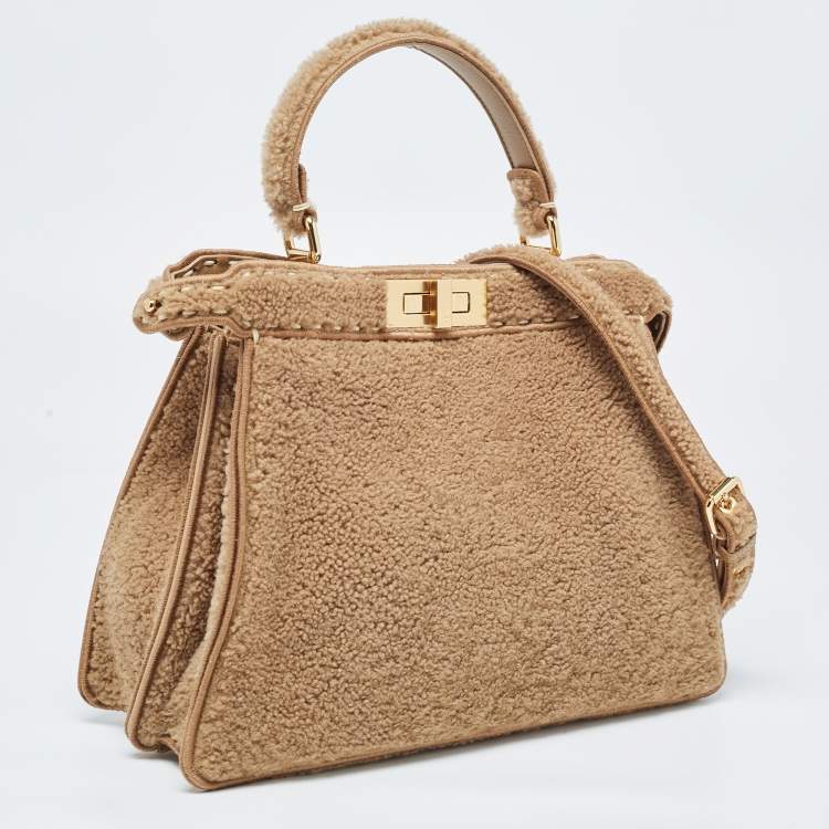 Pre Owned Fendi Brown Sheep Shearling Medium Peekaboo ISeeU Top Handle Bag