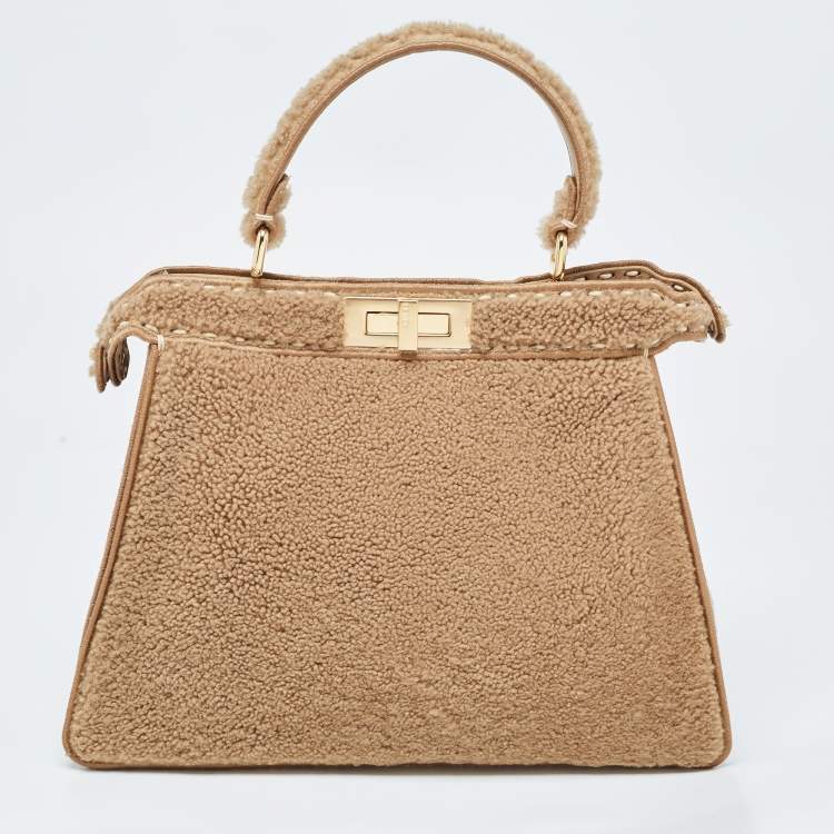 Pre Owned Fendi Brown Sheep Shearling Medium Peekaboo ISeeU Top Handle Bag