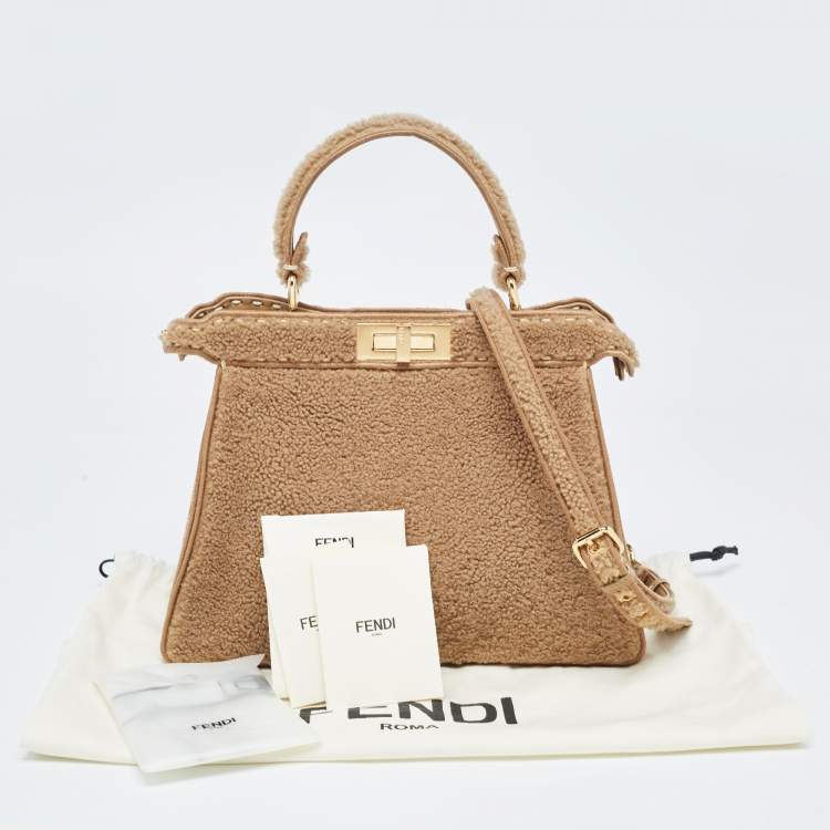 Pre Owned Fendi Brown Sheep Shearling Medium Peekaboo ISeeU Top Handle Bag