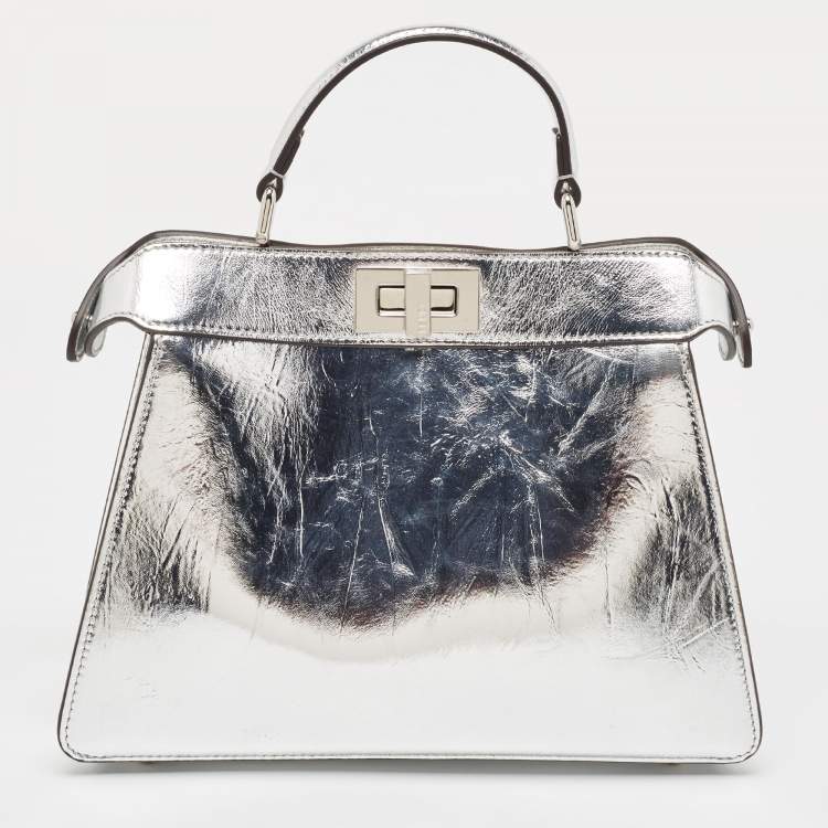 Pre Owned Fendi Silver Leather Small Peekaboo ISeeU Top Handle Bag