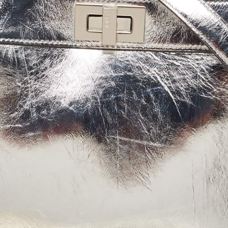 Pre Owned Fendi Silver Leather Small Peekaboo ISeeU Top Handle Bag