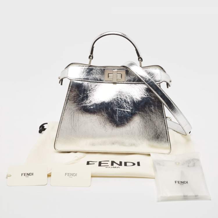 Pre Owned Fendi Silver Leather Small Peekaboo ISeeU Top Handle Bag