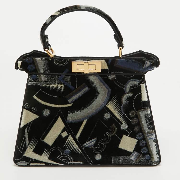 Pre Owned Fendi Navy Blue Velvet Medium Printed Peekaboo ISeeU Top Handle Bag