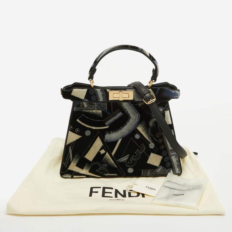 Pre Owned Fendi Navy Blue Velvet Medium Printed Peekaboo ISeeU Top Handle Bag