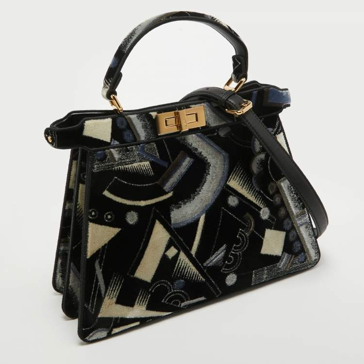 Pre Owned Fendi Navy Blue Velvet Medium Printed Peekaboo ISeeU Top Handle Bag