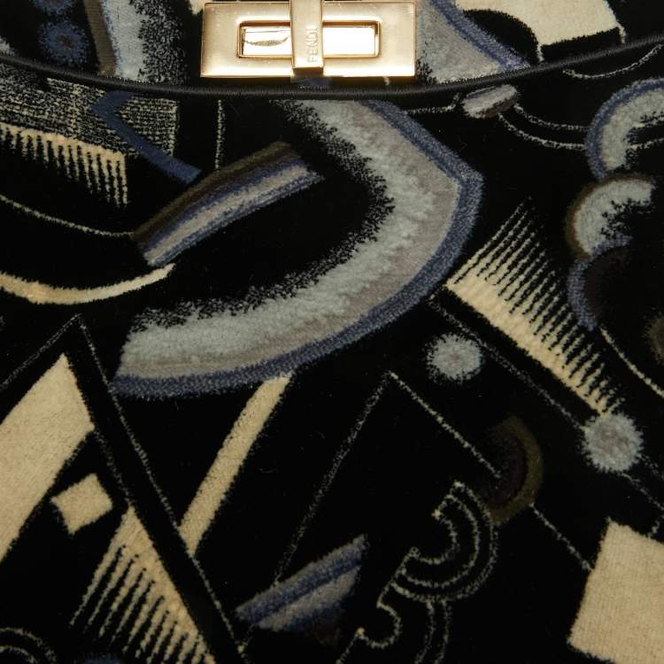 Pre Owned Fendi Navy Blue Velvet Medium Printed Peekaboo ISeeU Top Handle Bag