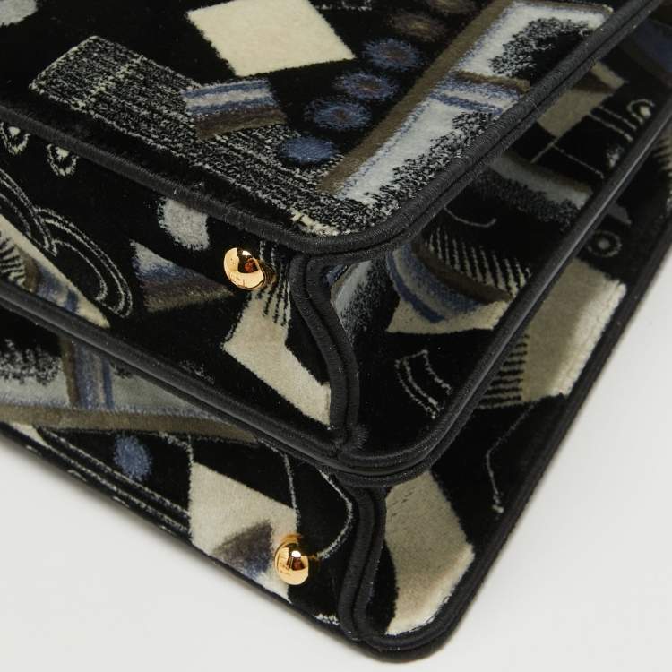 Pre Owned Fendi Navy Blue Velvet Medium Printed Peekaboo ISeeU Top Handle Bag