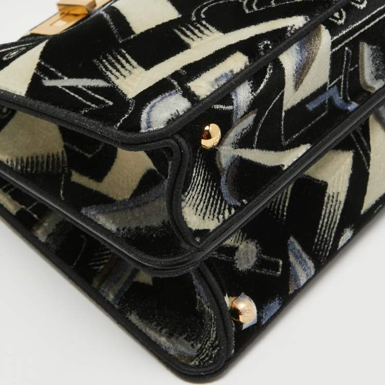 Pre Owned Fendi Navy Blue Velvet Medium Printed Peekaboo ISeeU Top Handle Bag