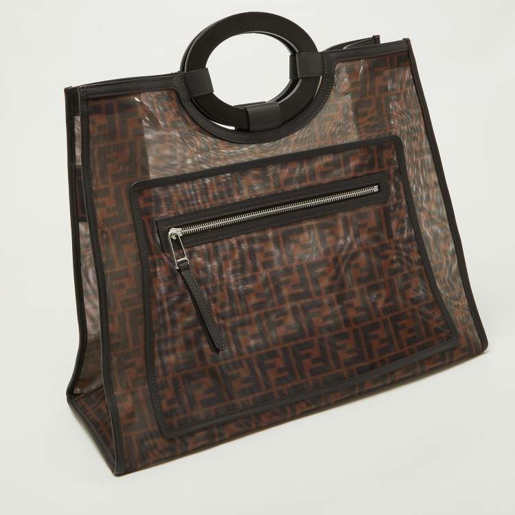Pre Owned Fendi Tobacco Zucca Mesh and Leather Runaway Shopper Tote